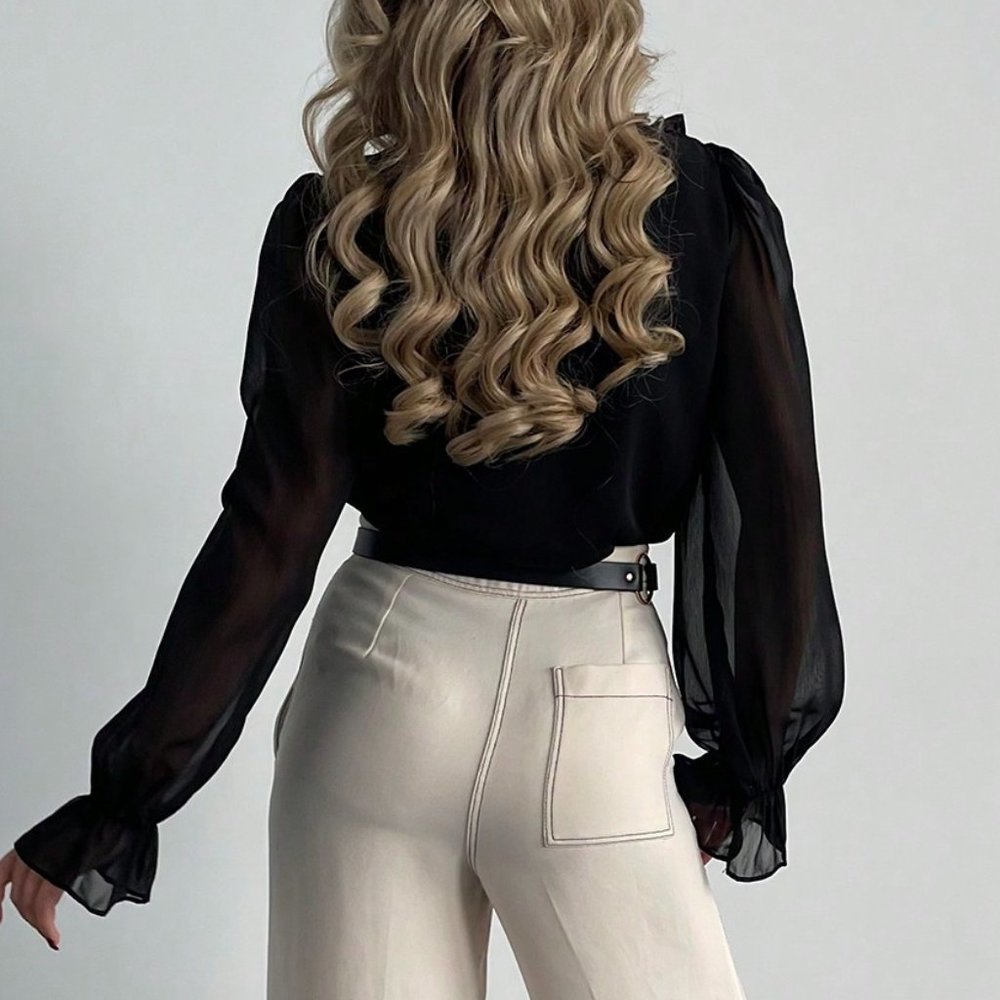 Black Preppy Womens Flounce Sleeve Ruffle Trim Button Front Shirt - Picture 3 of 5